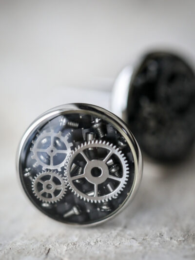 Unique & Co Cufflinks - Silver/Black Carbon Fibre Cogs