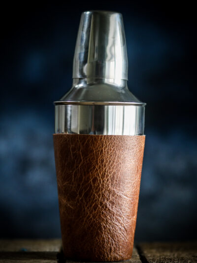 Leather and silver steel cocktail shaker
