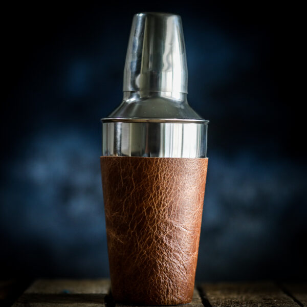 Leather and silver steel cocktail shaker