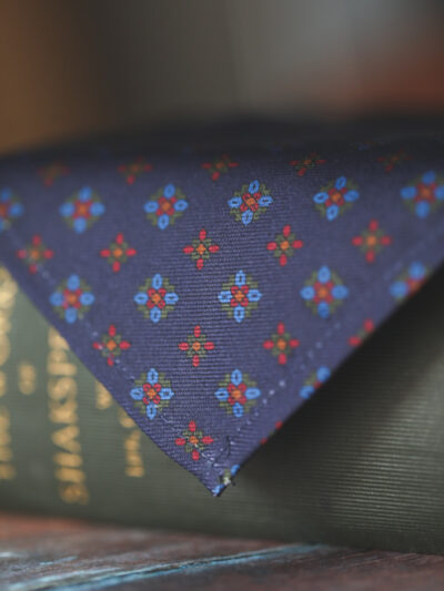 English Printed Silk Pocket Square - Dark Navy