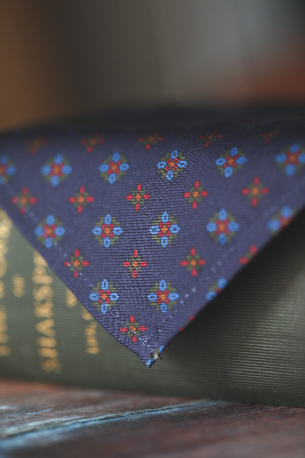 English Printed Silk Pocket Square - Dark Navy
