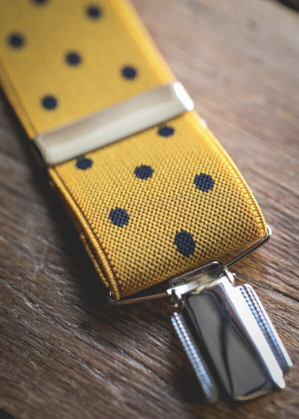 Feathered Clip Braces -35mm Mustard/Navy Dots