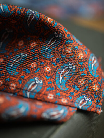 English Printed Silk Pocket Square - Mid Blue Paisley