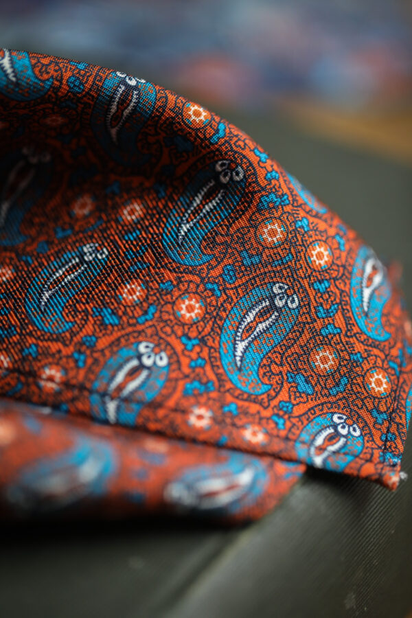 English Printed Silk Pocket Square - Mid Blue Paisley