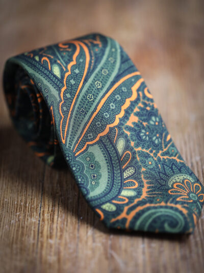 English Printed Silk Tie - Khaki/Orange