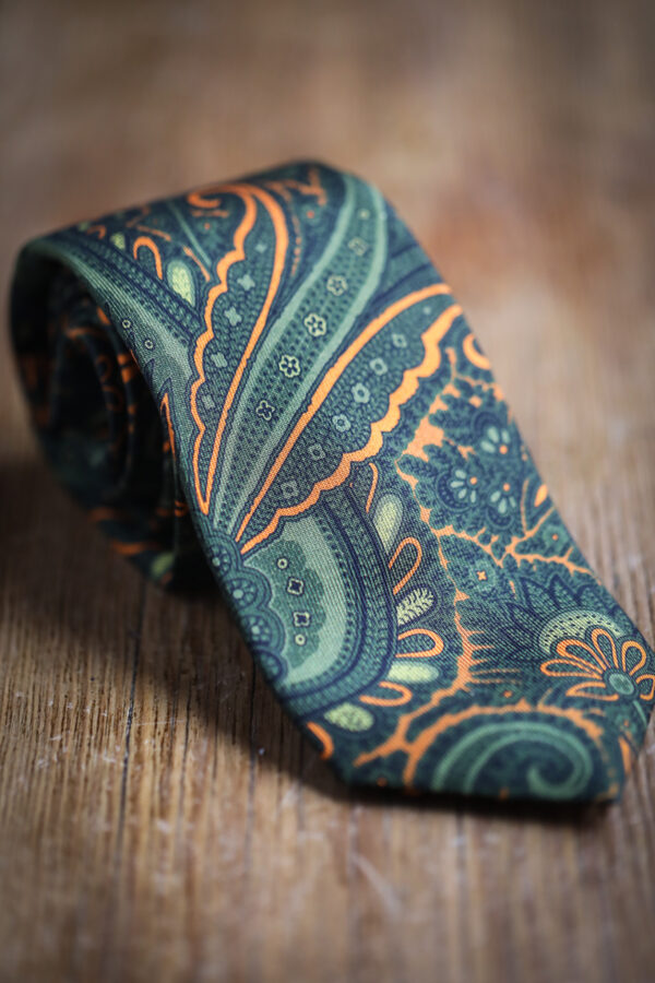 English Printed Silk Tie - Khaki/Orange