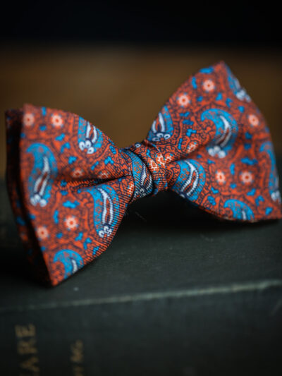 English Printed Silk Bow Tie - Mid Blue Paisley