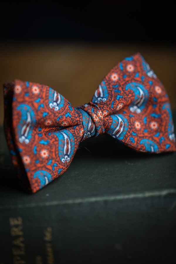 English Printed Silk Bow Tie - Mid Blue Paisley
