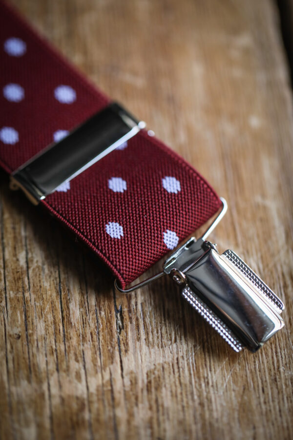 Feathered Clip Braces -35mm Burgundy/White Dots