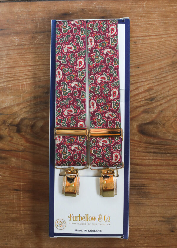 Gold Feathered Clip Braces -35mm Dark Pink Paisley