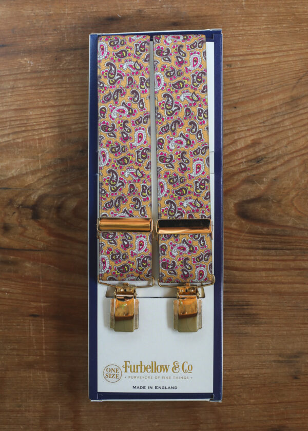 Gold Feathered Clip Braces -35mm Yellow Paisley